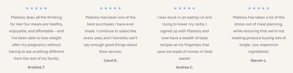 app reviews posted on PlateJoy’s website