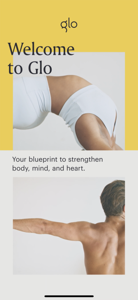 Screenshot of Glo’s Welcome page with two people in yoga poses