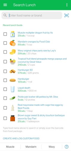 Screenshot of the food database on My Net Diary