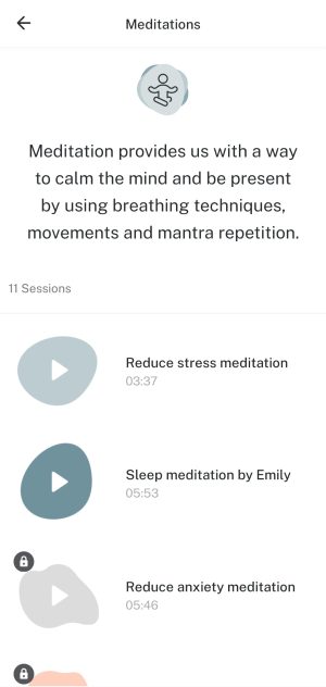 Screenshots of meditation tab on 8fit.